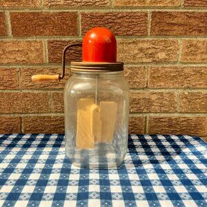 Antique Dazey Dandy Butter Churn Red Top Glass Jar Primitive Rare Find